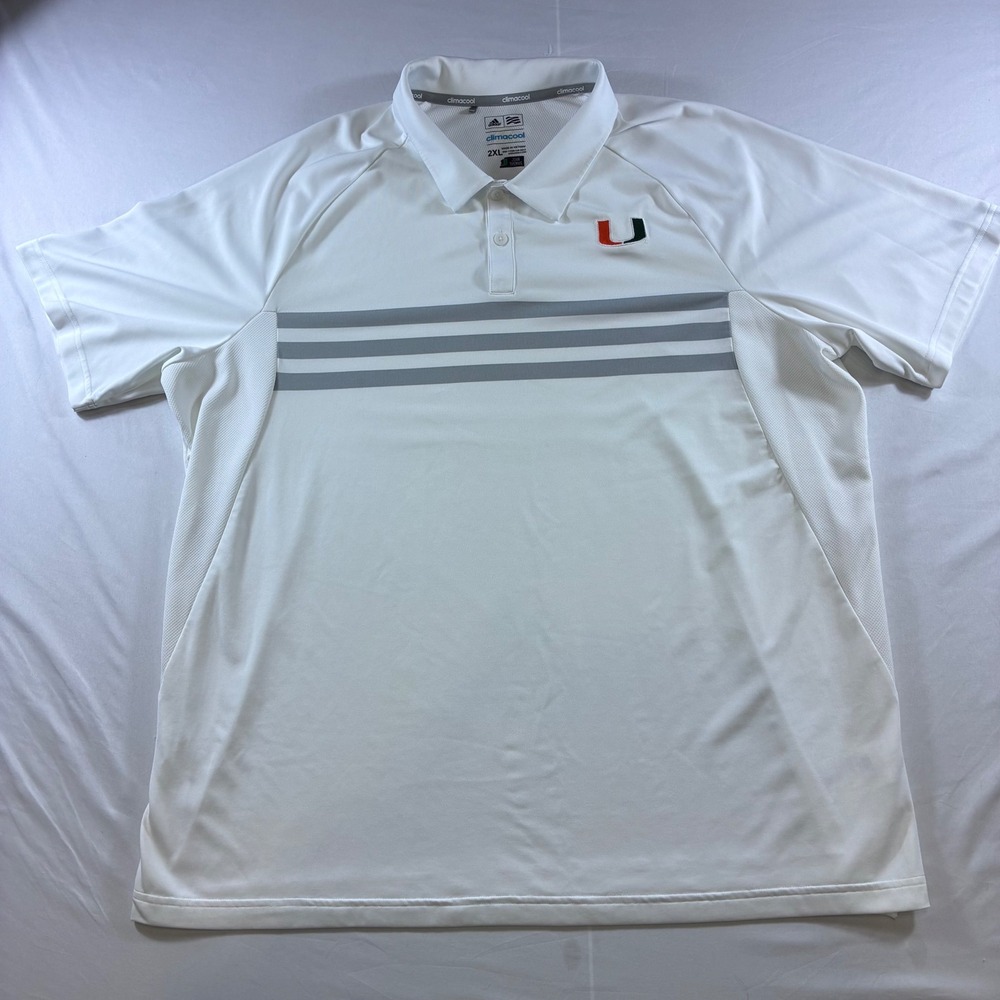 Adidas ClimaCool Miami Hurricanes Golf Polo Shirt Mens 2XL White Grey Stripe
